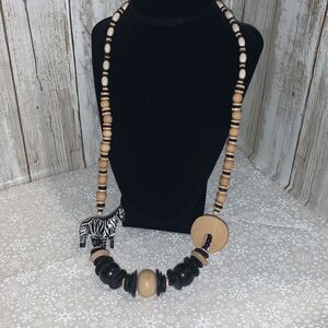 Vintage Wood‎ Hand Carved Zebra Bead Necklace 29”